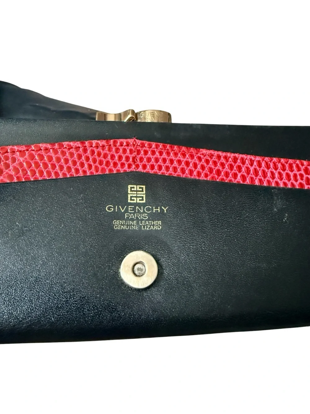 Vintage GIVENCHY PARIS Black Leather Long Wallet with Red Lizard Accent